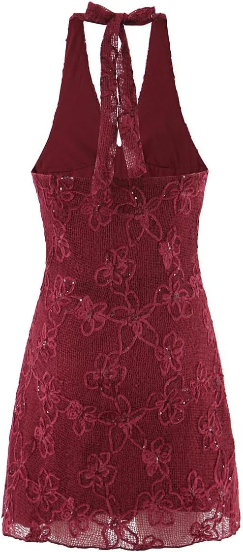 Женское мини-платье с принтом, Halter Neck Mini Dress, бордовый — фото 3