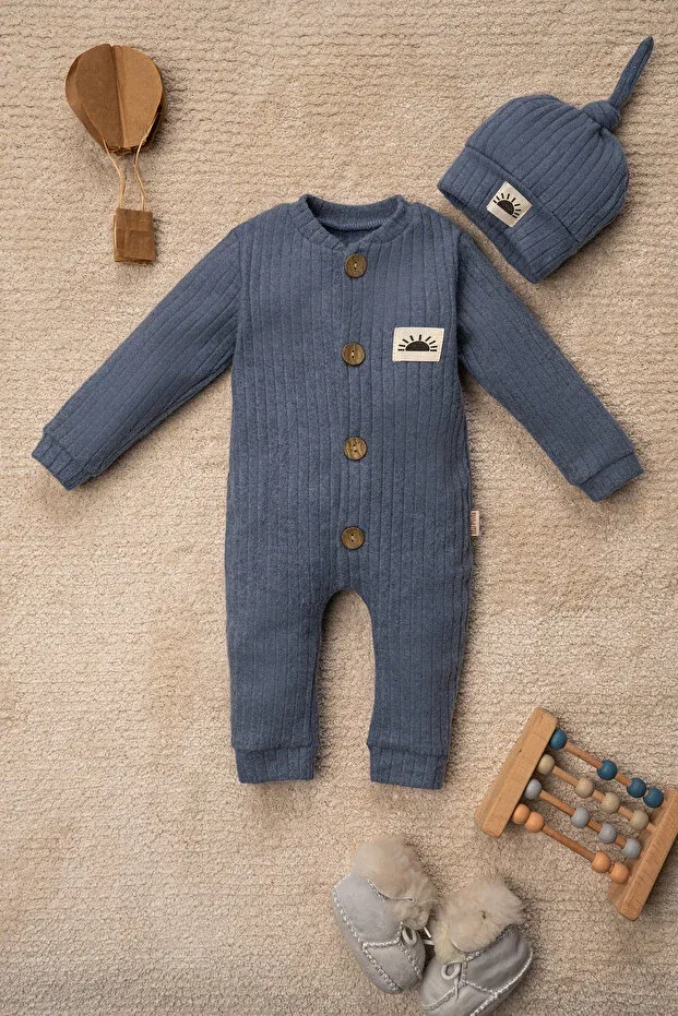 Детский для девочек комбинезон хлопковый Sun Emblem Beanie Solid Color Romper Baby Set Mai Perla, Blue — фото 2
