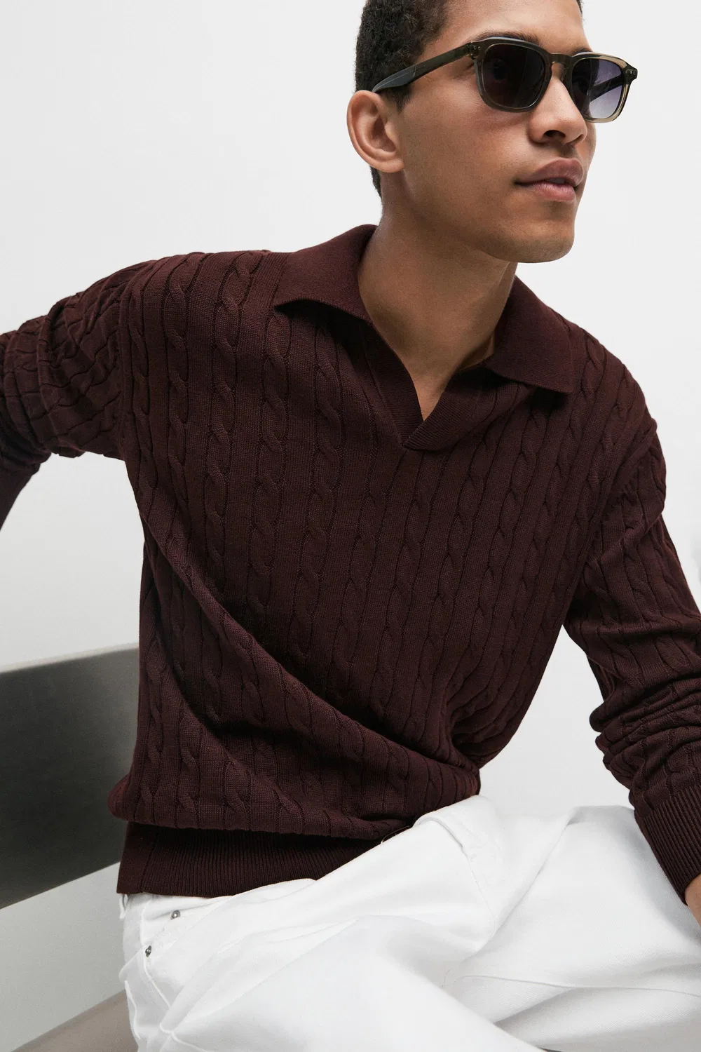 Поло-свитер Massimo Dutti, крупной вязки из хлопка, бургундия — фото 4