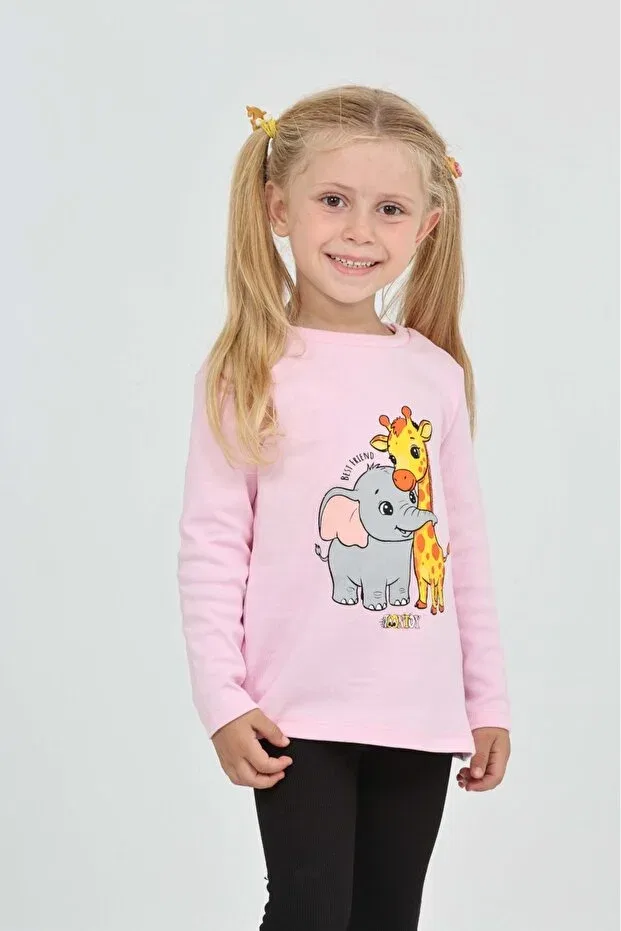 Детские свитшот для девочек с принтом Giraffe Elephant Printed Toontoy, Pink — фото 4