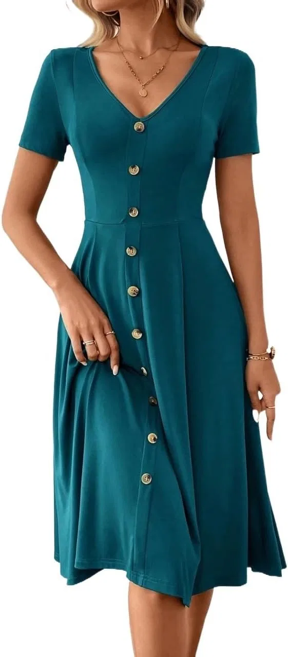 Женское платье миди V-образным вырезом Casual, Teal Blue