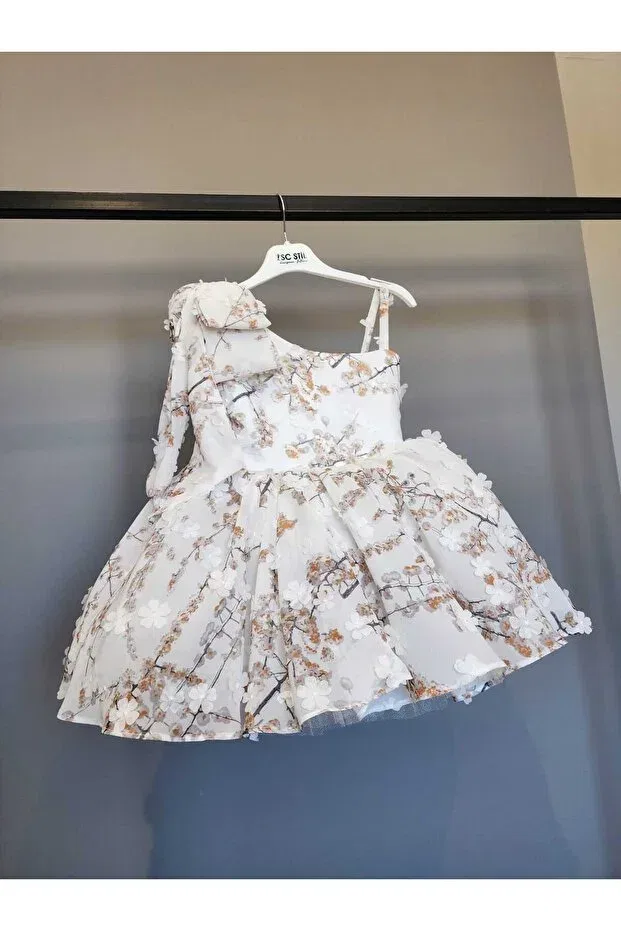 Детское платье для девочек с принтом Three-Dimensional Floral Patterned One-Shoulder Scstil, Beige