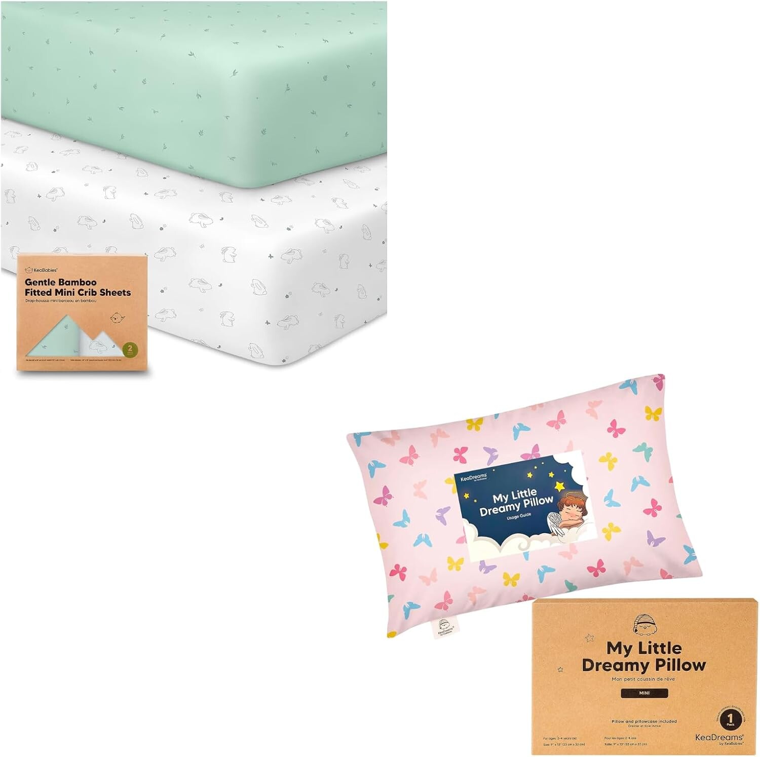 

Kea Babies, 2 мини-простыня для кроватки и мини-подушка для малышей с наволочкой — комплект простыней Pack and Play — мини-подушка My Little Dreamy 9x13 — органическая простыня для детской кроватки для матраса Pack and Play KeaBabies