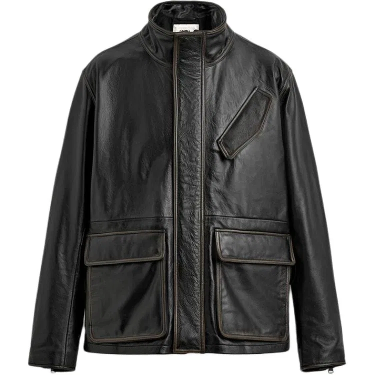 Мужское кожаное пальто с воротником-стойкой Black ZARA, Black
