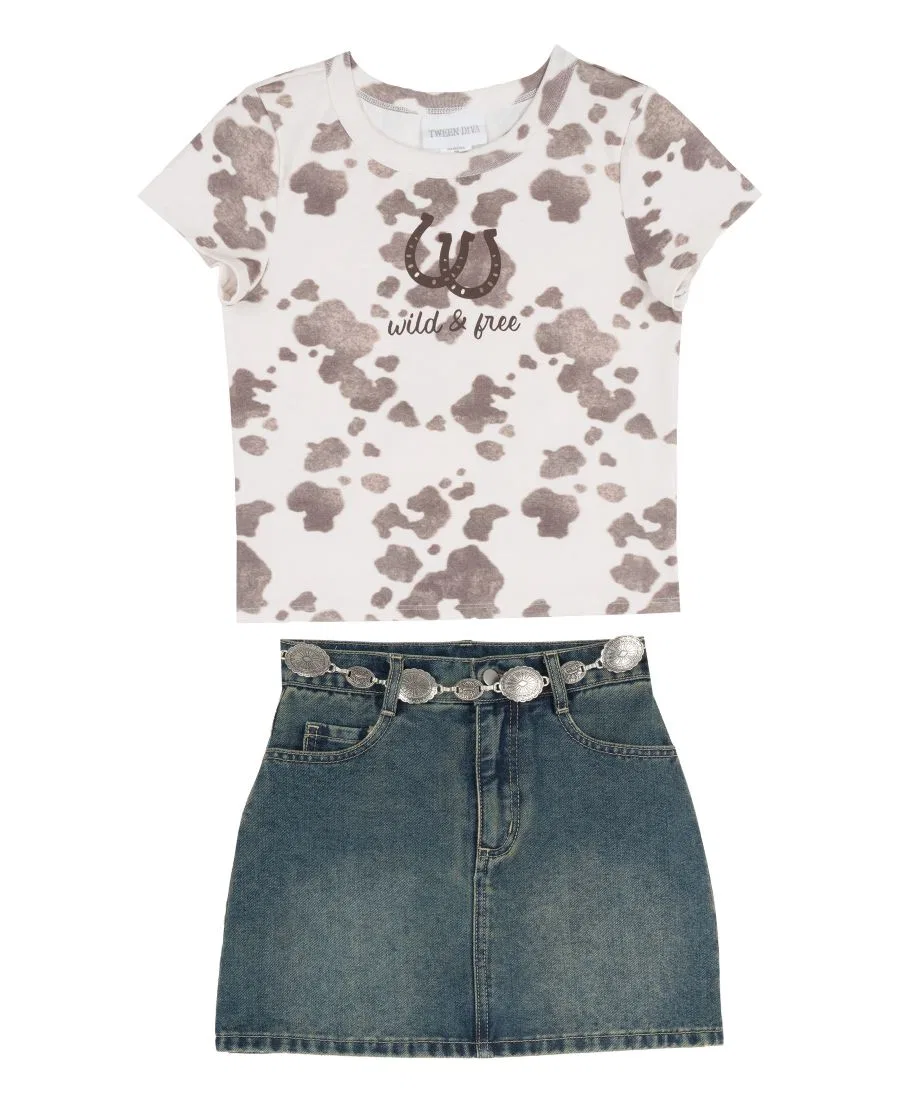 Комплект из футболки с принтом и джинсовой юбки-шорт Tween Diva, Cream Blue