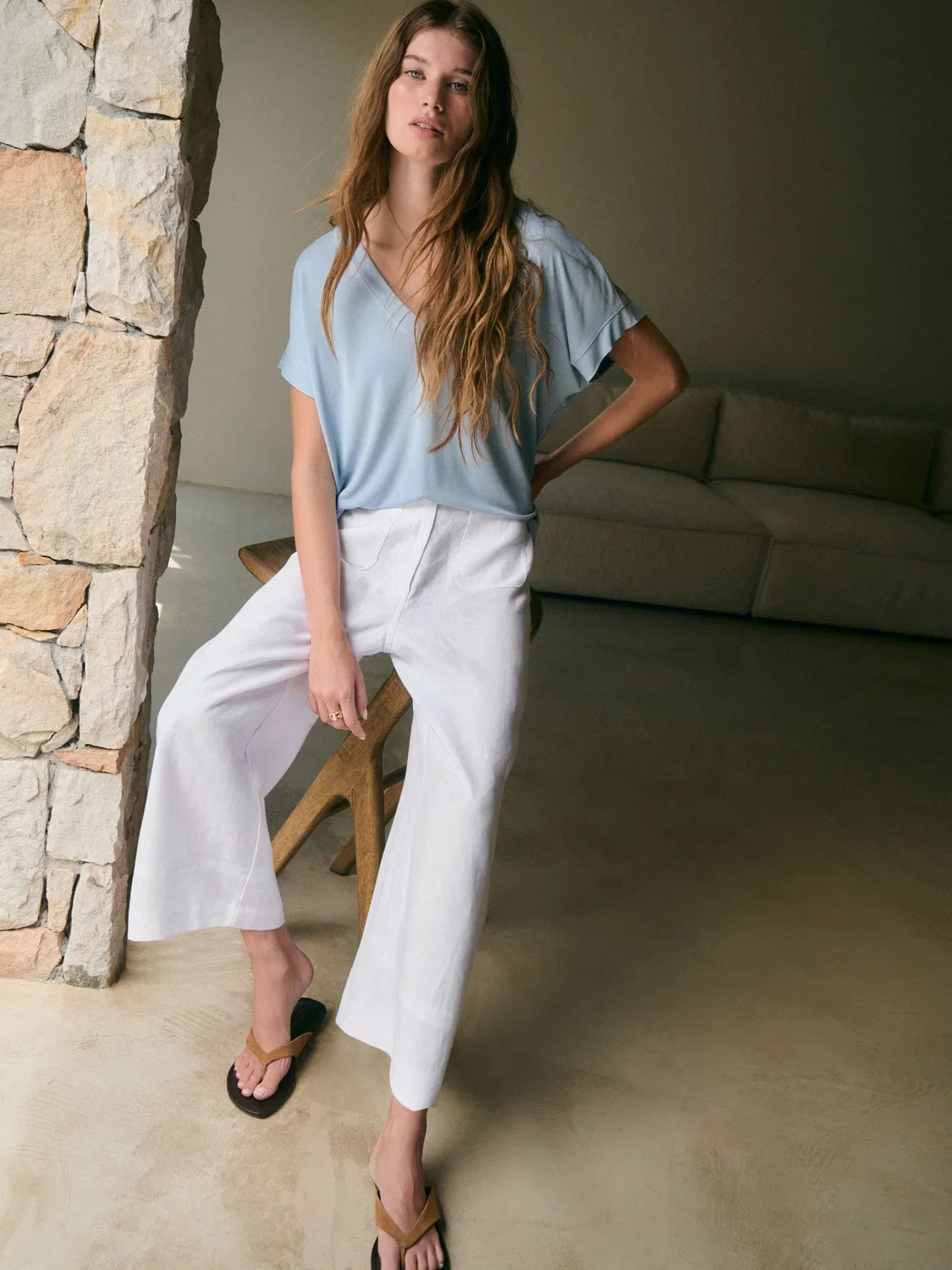 Брюки широкие укороченные из льна, Premium Linen Next, белый