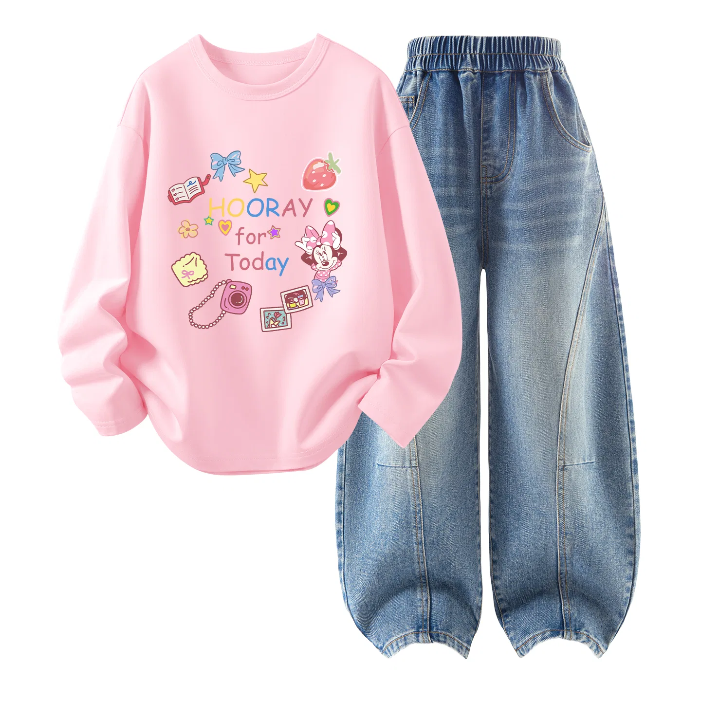 Детский комплект повседневной спортивной одежды с принтом Daisy Bow Minnie White+Solid Color Denim Blue Disney — фото 3