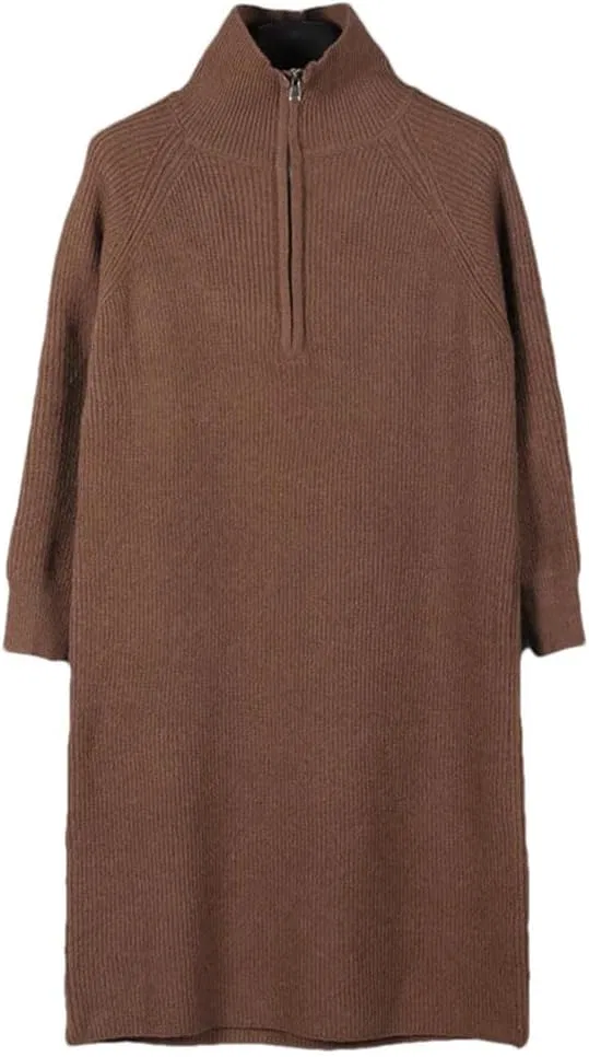Женское длинное вязаное платье с четвертью молнией оверсайз, Brown