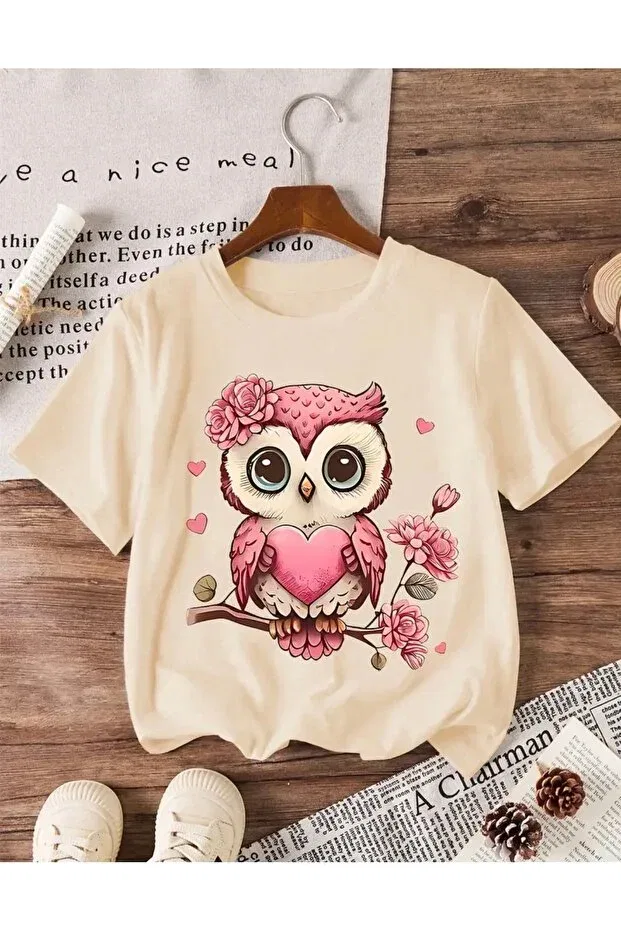 Детская футболка для девочек с принтом New Season Pink Owl Printed Nigrum Pardus, Beige