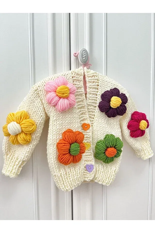 Детский кардиган для девочек с цветочным принтом Hand knitted children-baby cardigan Bilgem Butik, Cream — фото 3