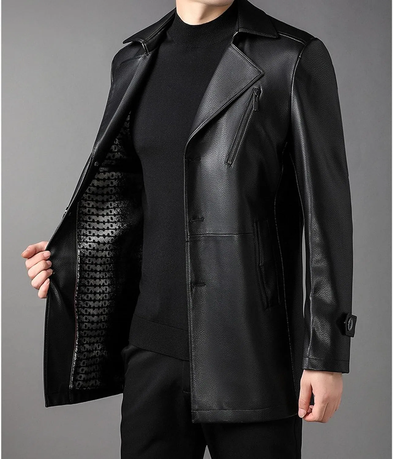 Мужское кожаное пальто-блейзер с лацканами, Slim Fit, чёрный — фото 2