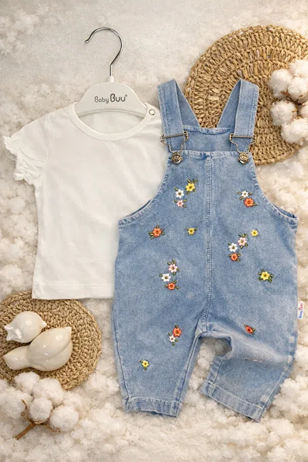 Детский комбинезон для девочек с цветочным принтом Tiny flower embroidery detailed short sleeve baby girl salopet set of 2 Aslin Store, Ecru