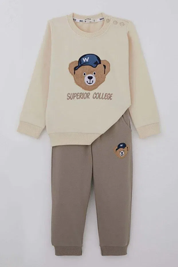 Детский спортивный комплект для мальчиков с принтом Baby Boy Tracksuit Set With Cute Teddy Bear Applique Breeze, Nude Color