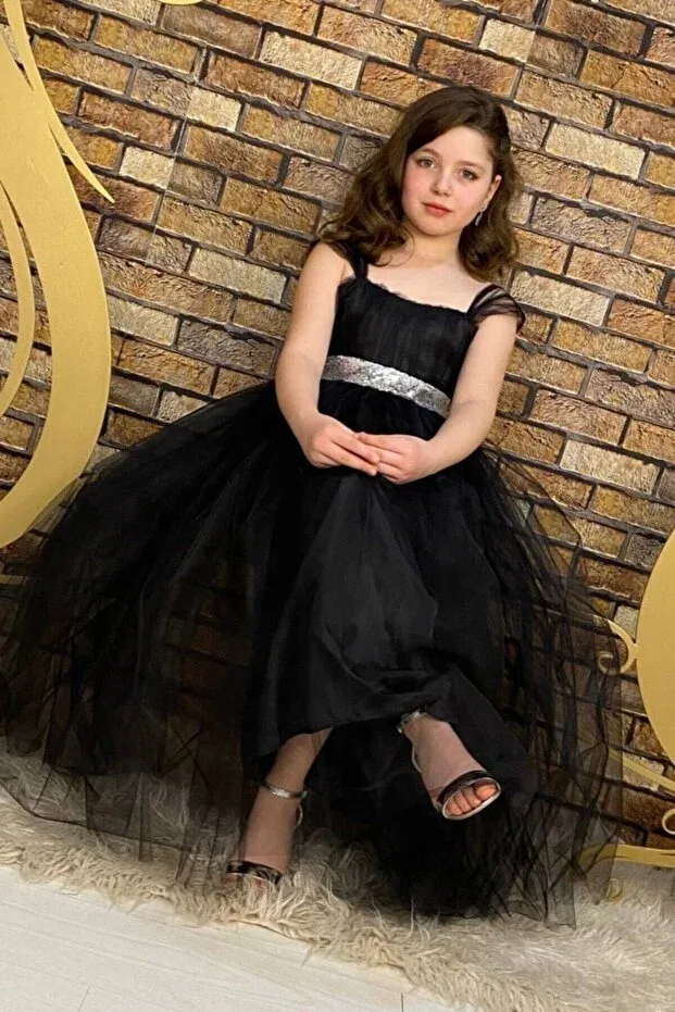 Детское платье для девочек с пайетками Black sequin detailed full length children's evening dress show and party dress aby4456 Abiyekids, Black — фото 2