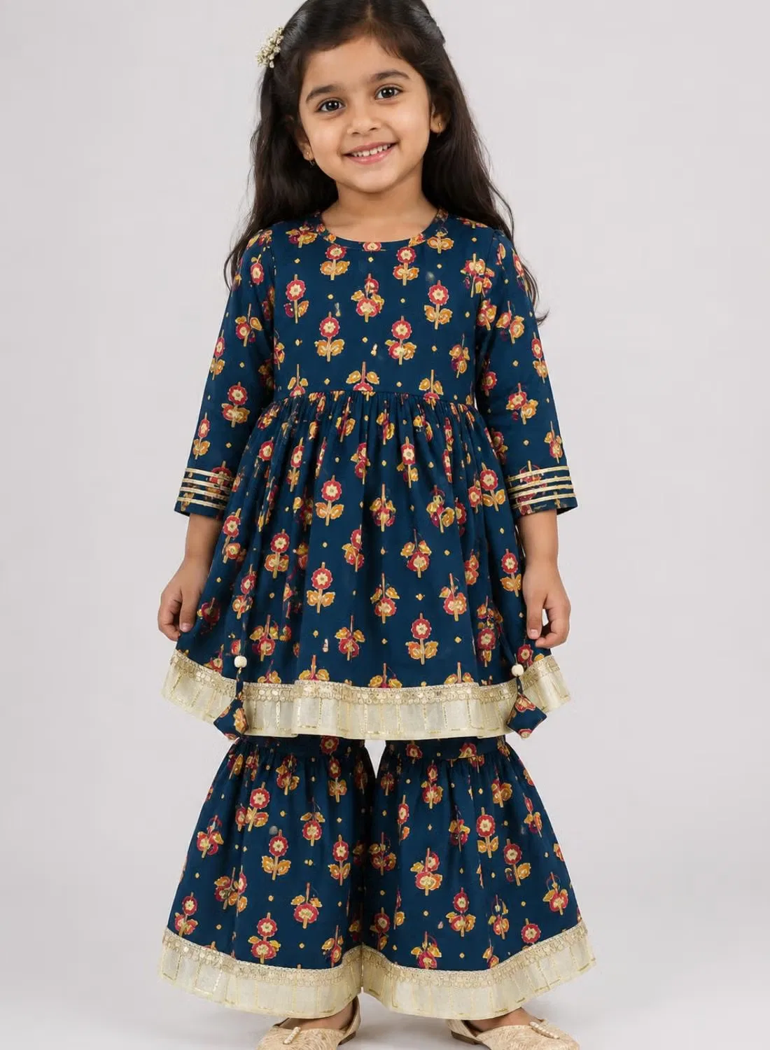 Комплект этнической одежды с цветочным принтом Anarkali Babyqlo, темно-синий