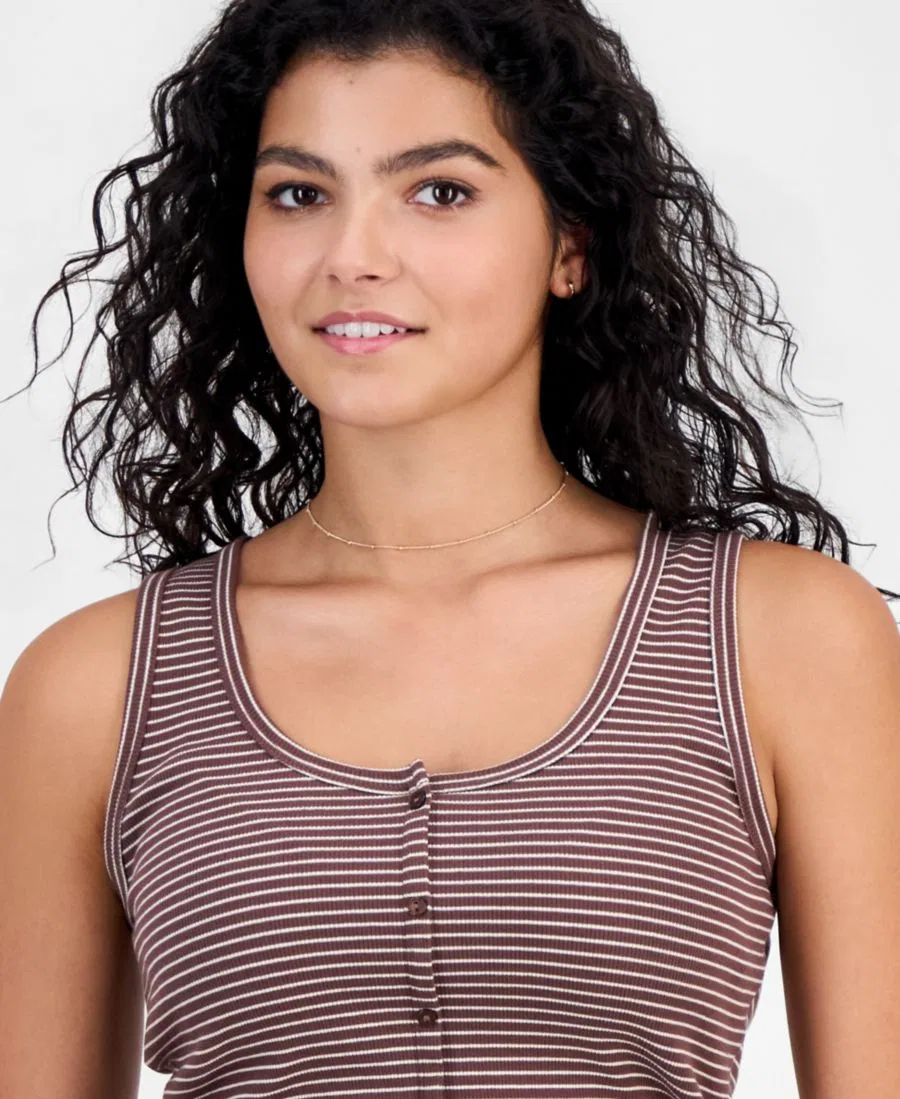 Топ на пуговицах с ребристой текстурой, модель Henley Hippie Rose, Brown/White Stripe — фото 2