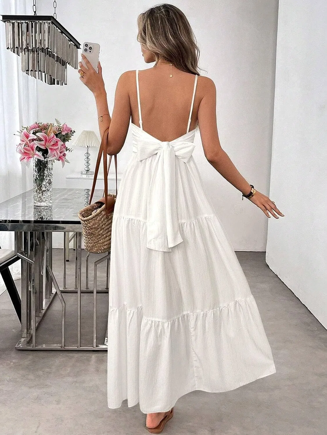 Женское повседневное платье-комбинация с открытой спиной, White — фото 2