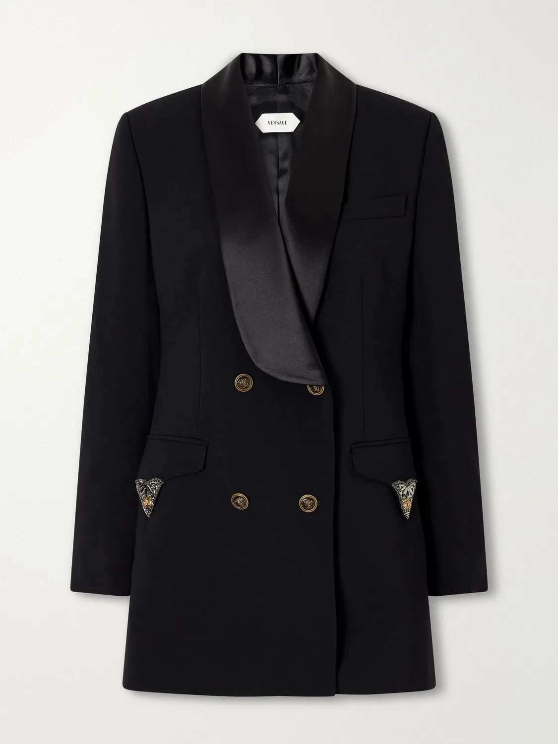 Двубортное мини-платье из эластичной шерсти с атласной отделкой VERSACE, черный