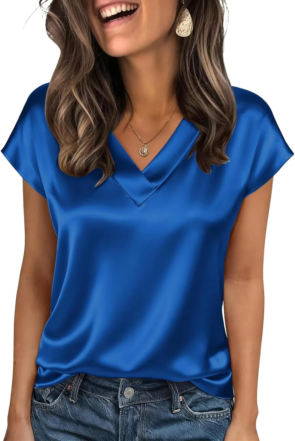 Женская шелковая блуза с V-образным вырезом и коротким рукавом, Tunic Tops Plus Size, Blue