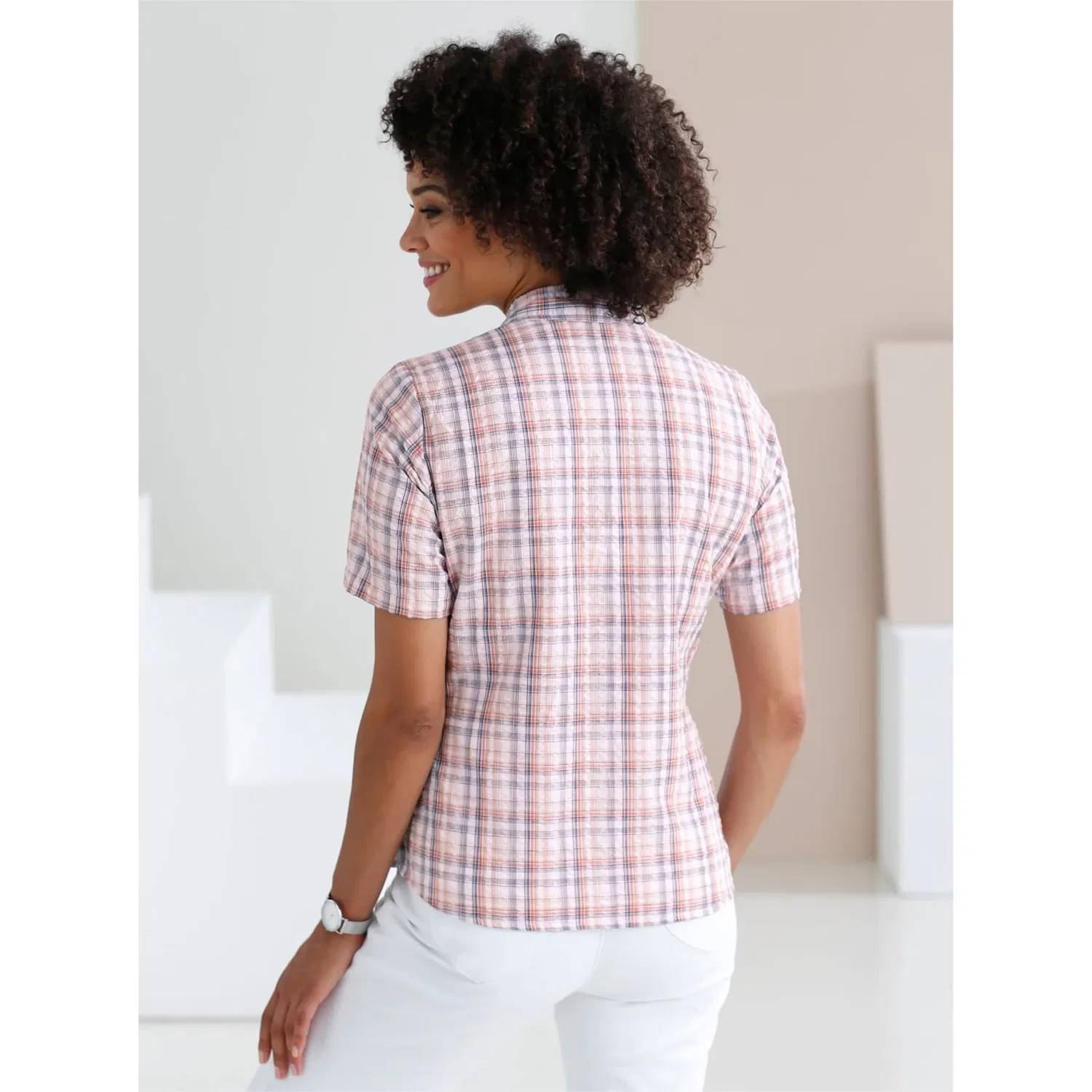 Женская блуза в клетку Seersucker Classic Basics, Grapefruit Plaid — фото 2