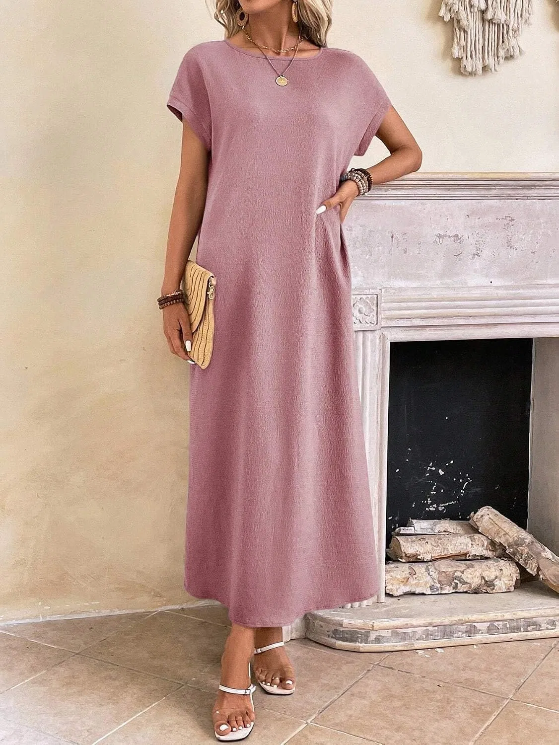 Женское свободное платье с летучей мышью Batwing Sleeve, Dusty Pink — фото 2