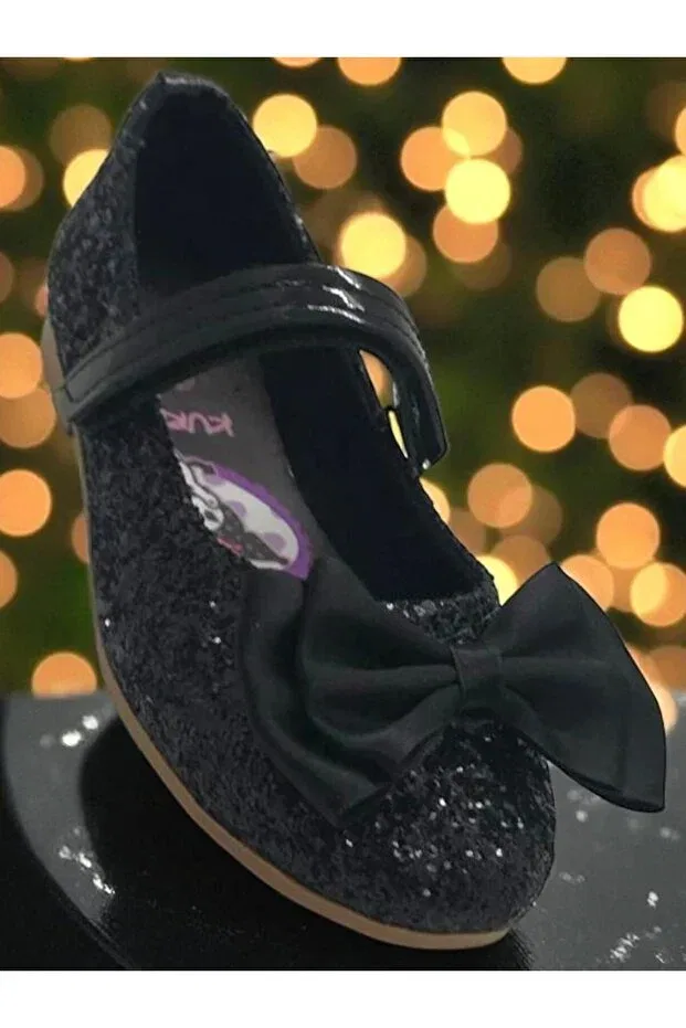 Детские балетки для девочек с бантом Kuromili Shiny Black Sequin Bow Ballerina Shoes Markaboni, Black — фото 2