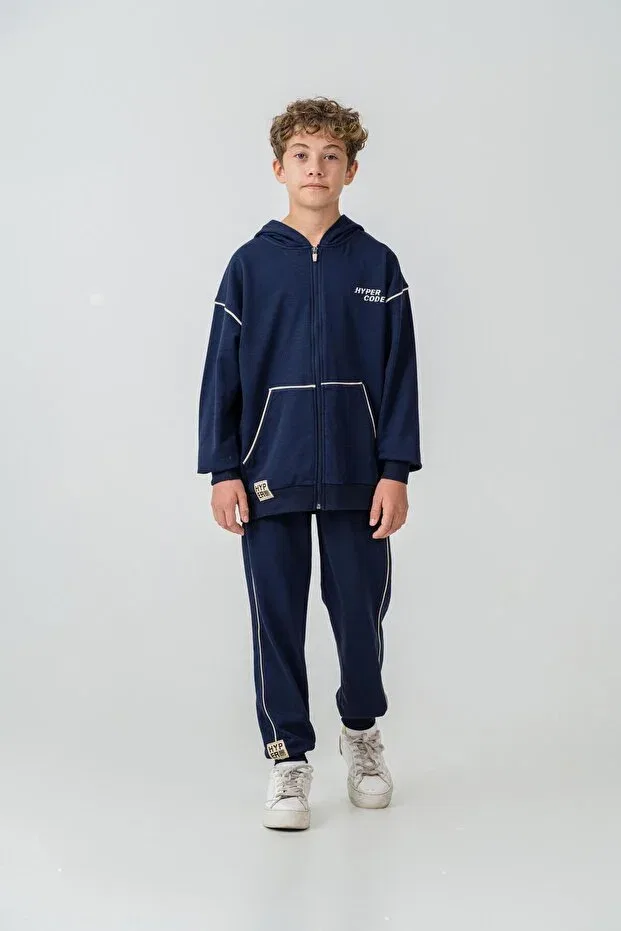 Детский комплект спортивного костюма для мальчиков с принтом Hyper Code Printed Hooded Boys' Bottom Top Tracksuit Set Mışıl Kids, Navy Blue
