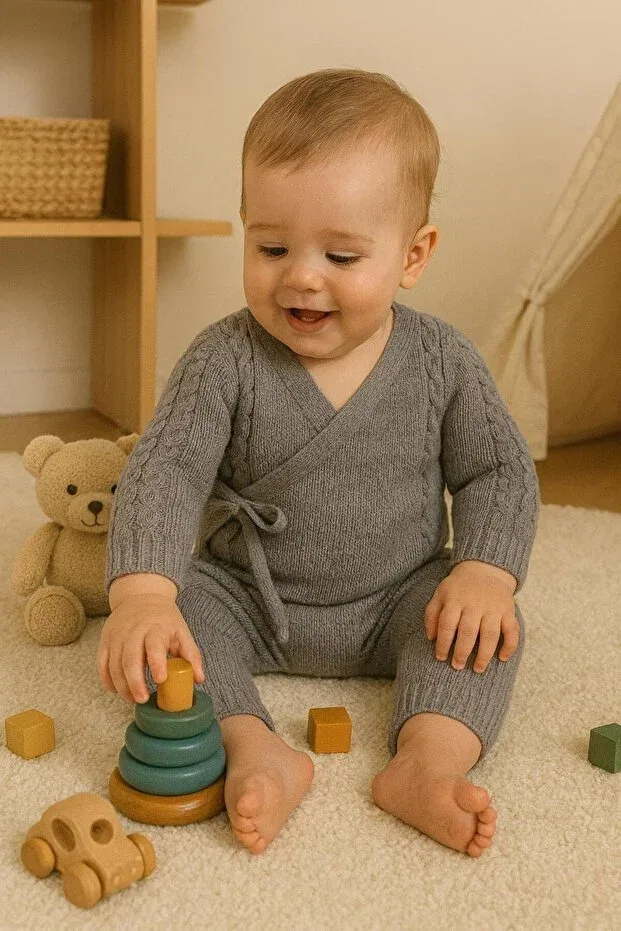 Детское боди-комбинезон с косами вязки Seamless kimono knitwear baby romper with hair braid detail Meriç Bebe - Bütün Çocuklar Melektir. Mrc, Gray