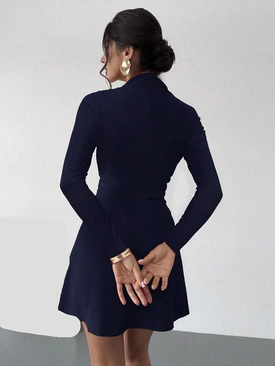Женское элегантное платье миди A-силуэта с длинным рукавом, Navy Blue — фото 4