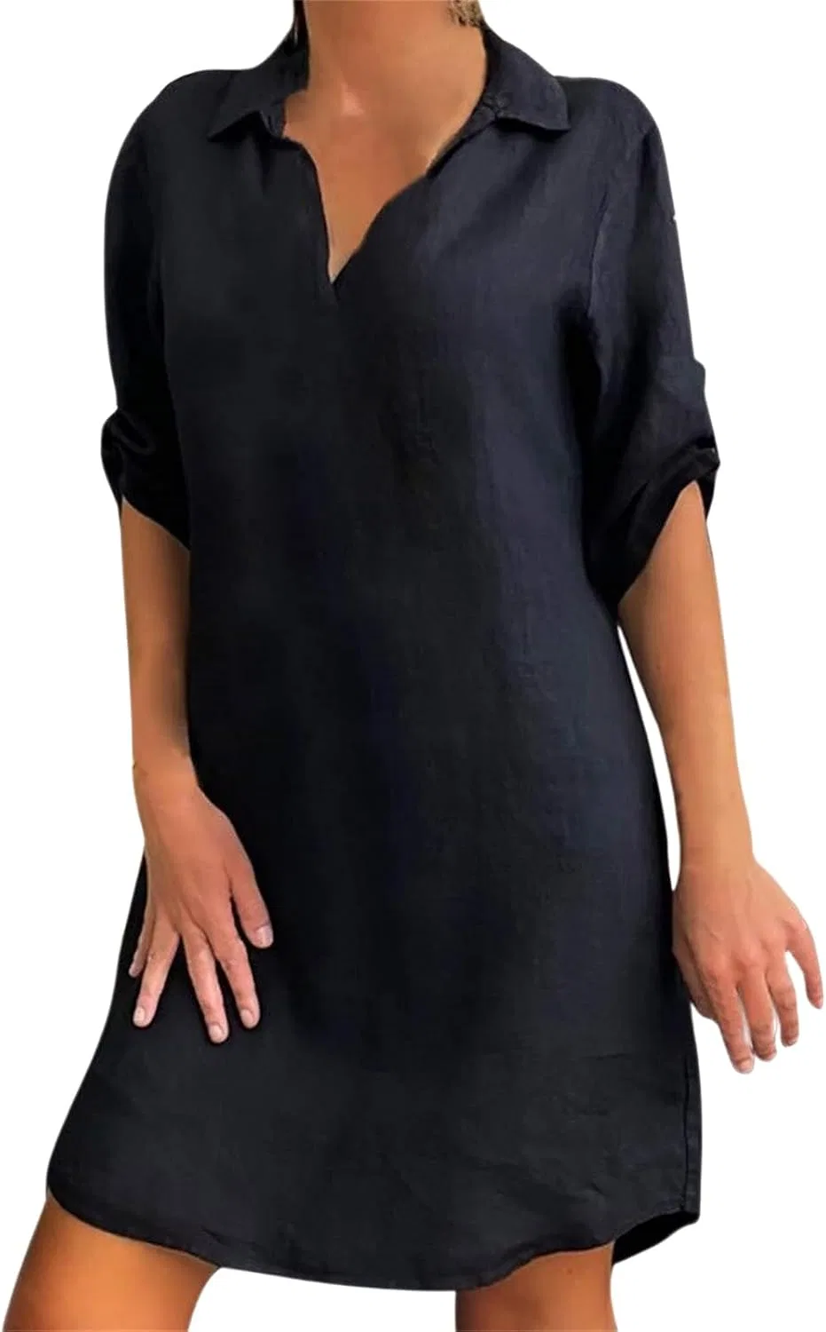 Женское пляжное платье свободного кроя из хлопка и льна с коротким рукавом, Black