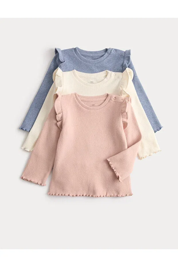 Детский лонгслив для девочек с принтом 3-Pack waffle top Marks & Spencer, Pink Mix