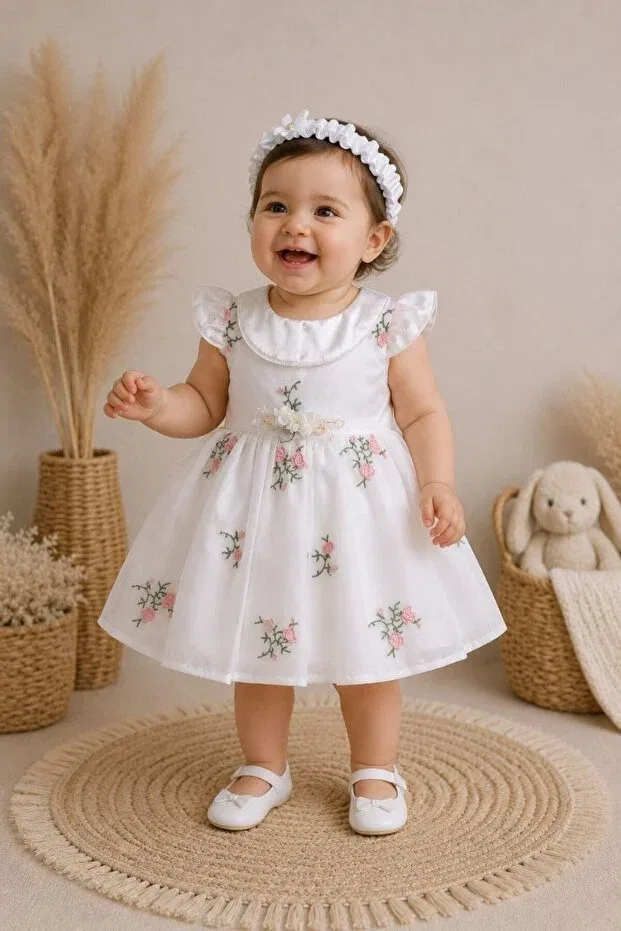 Детское платье из тюля с коротким рукавом Bebekmağazam, White Pink