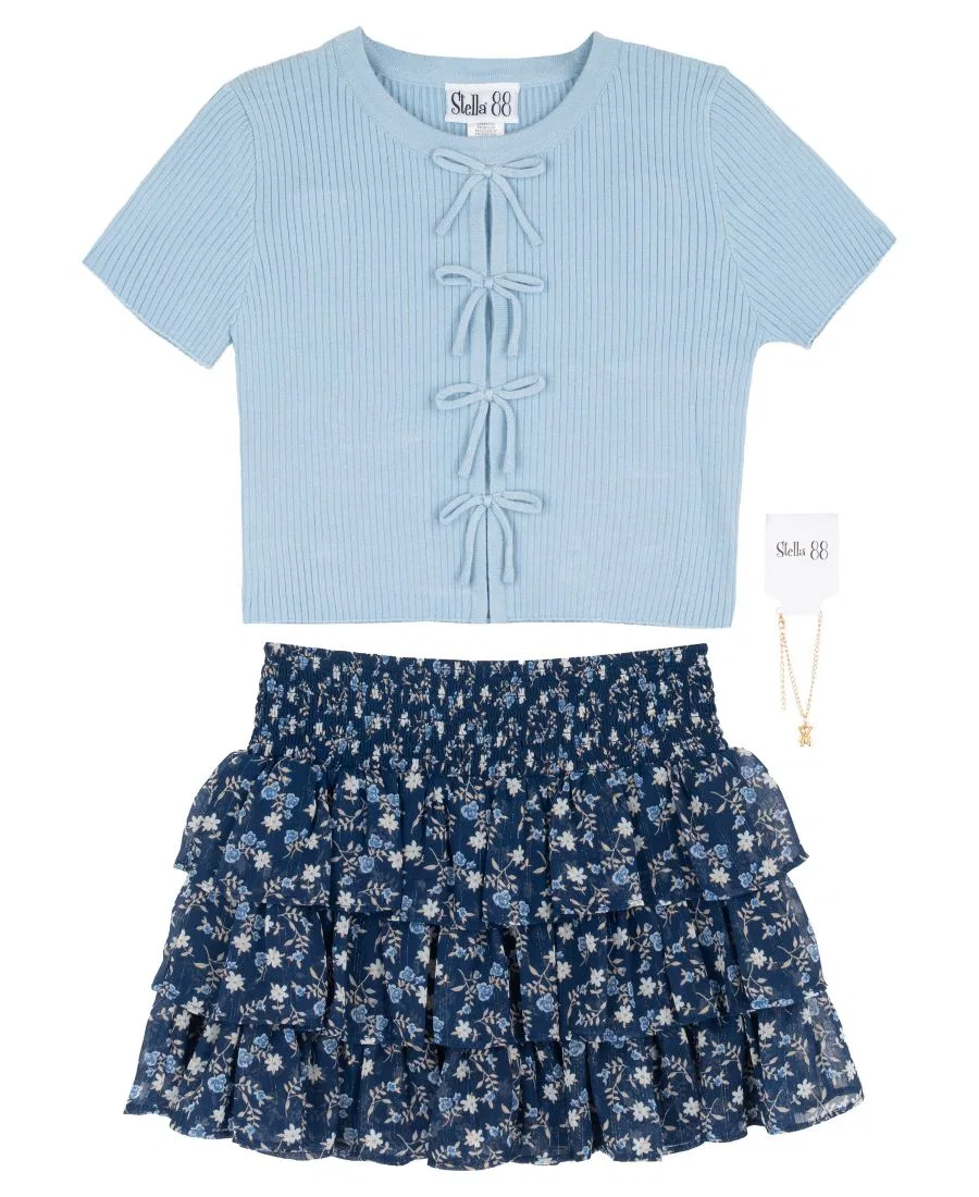 Комплект из топа и юбки-шорт с бантом, модель Rib Knit Bow Top and Skort Rare Editions, Navy — фото 4