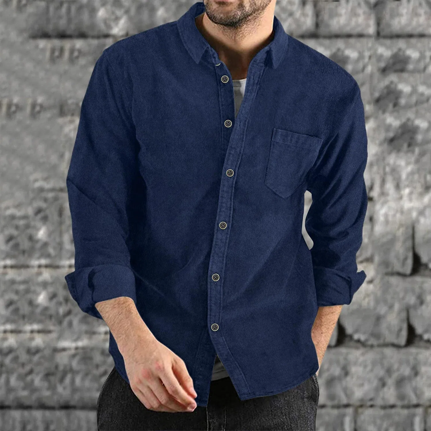 Мужская куртка с длинным рукавом, свободного кроя, из вельвета, Dark Blue — фото 2