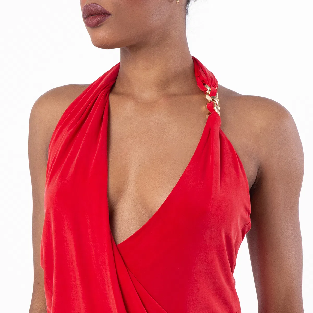 Платье мини с запахом и завязками на шее Balmain, Rouge Scarlet/Or — фото 2