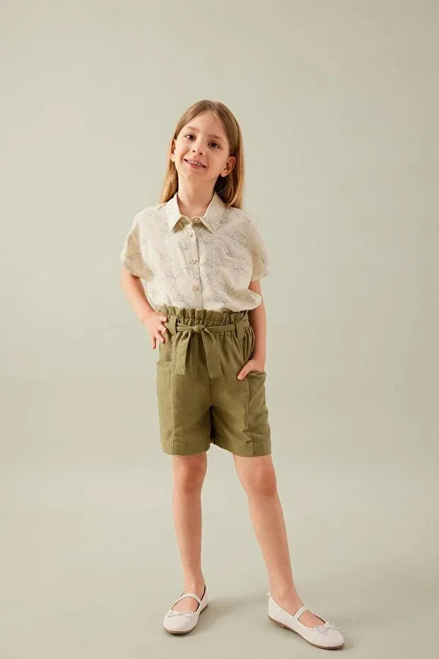 Детские шорты для девочек с высокой талией Paperbag shorts with pockets Defacto, Khaki