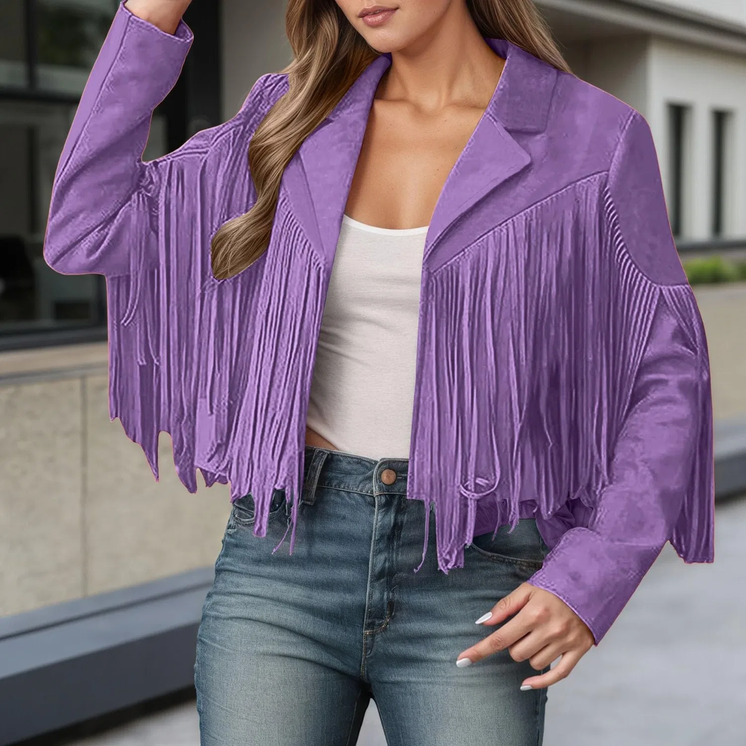 Женская куртка короткая slim fit с бахромой, Viola chiaro — фото 2