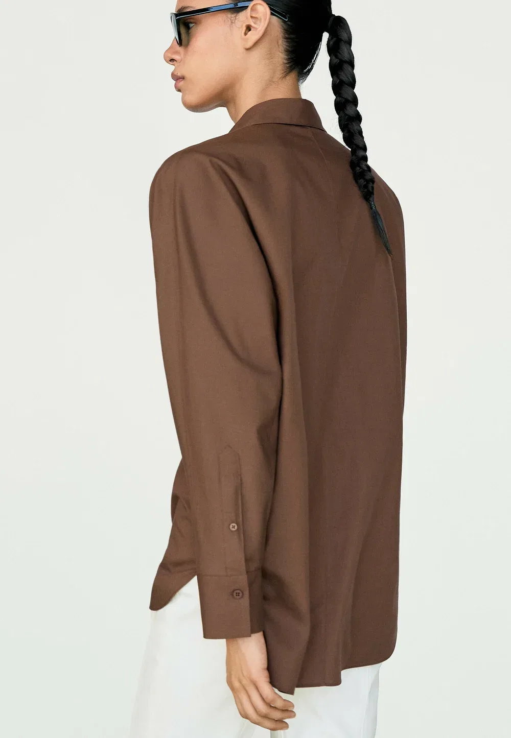 Рубашка из хлопкового поплина - блузка на пуговицах Massimo Dutti, Dark Brown — фото 4