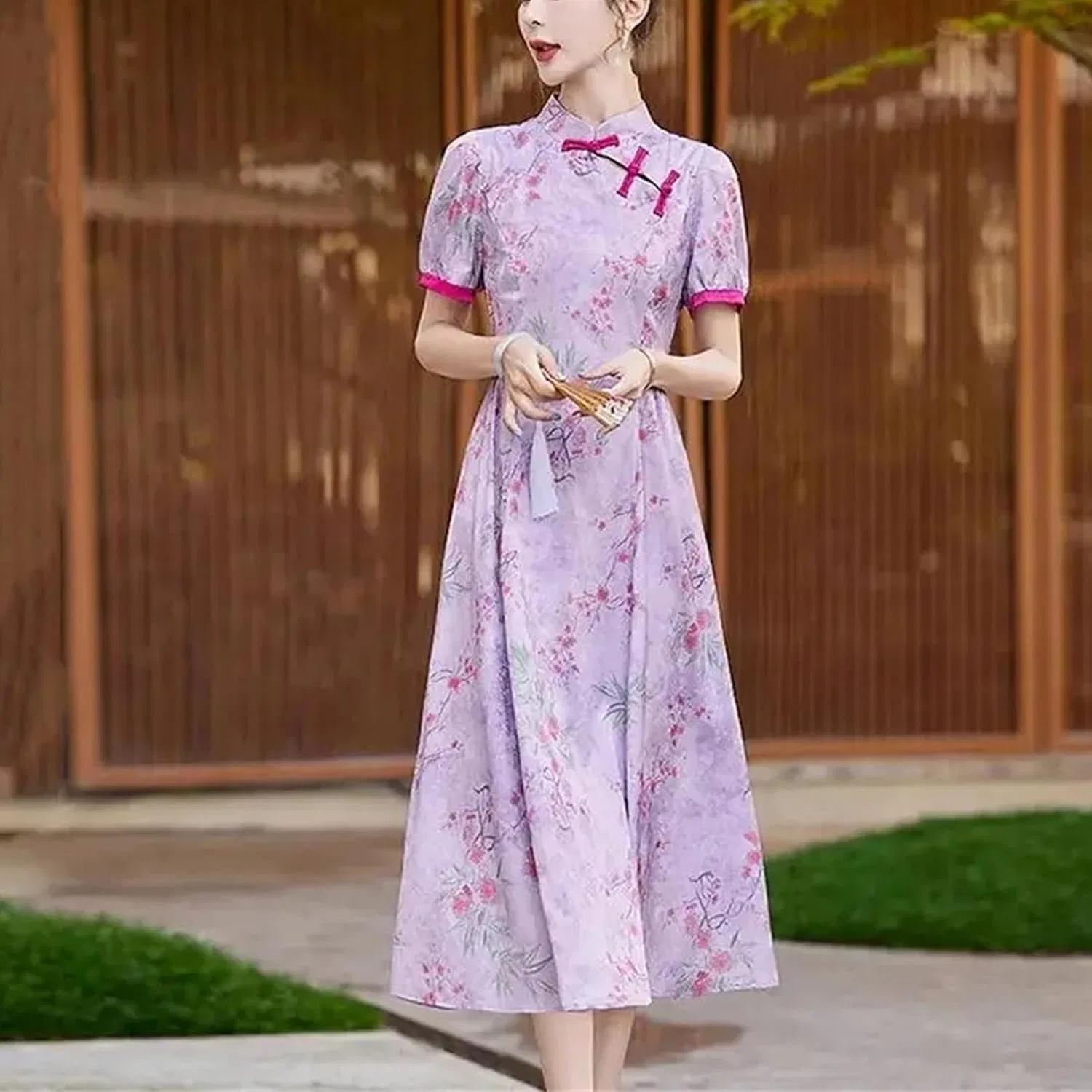 Женское платье миди с принтом A-силуэта, Pink — фото 2