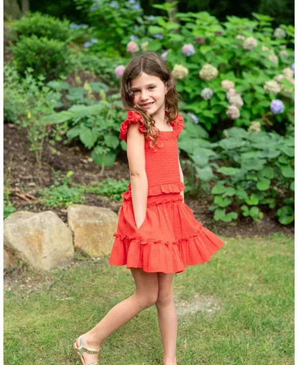 Детское платье для девочек с воланами Zoe Seersucker Tiered Dress Change Of Scenery, Guava Red — фото 4