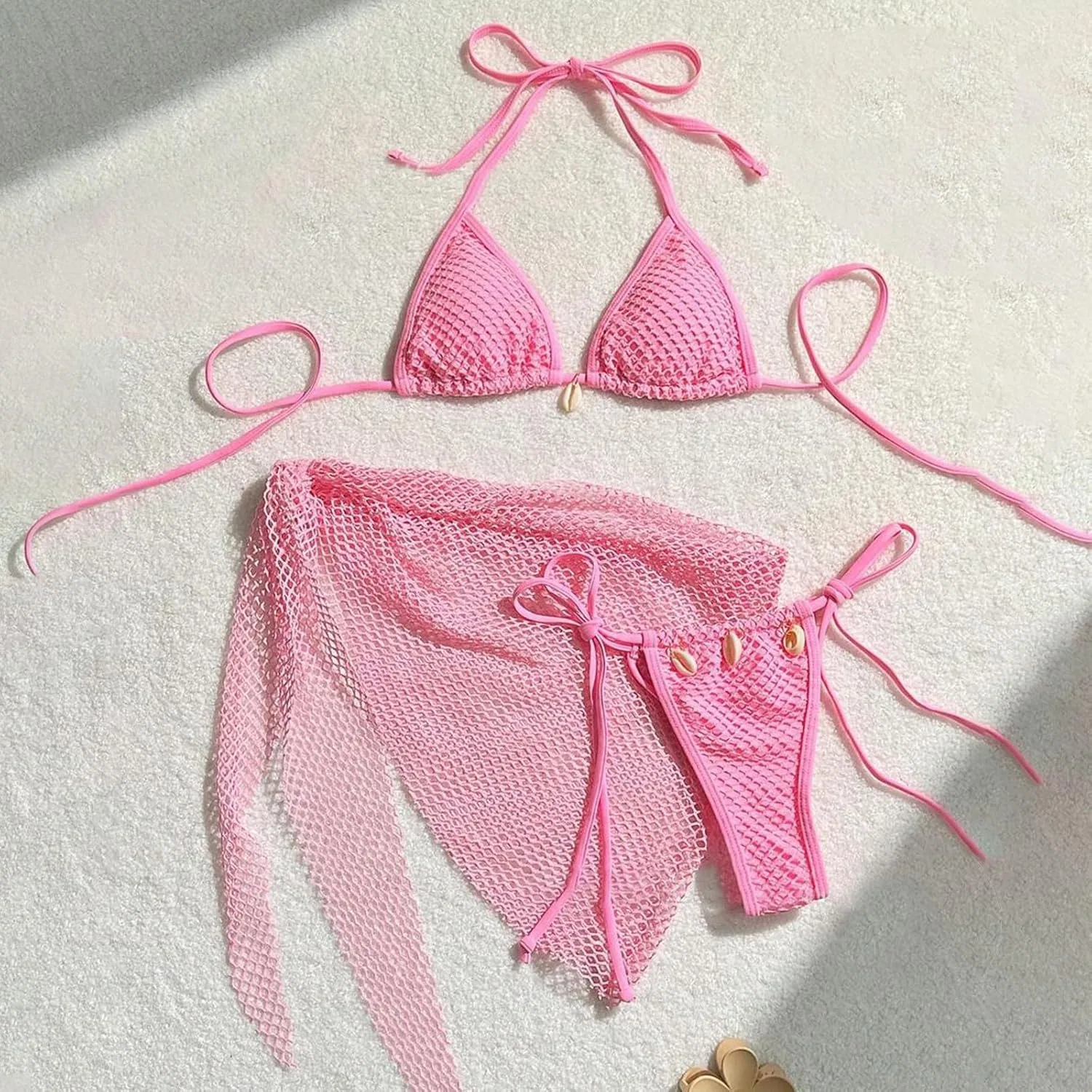 Женский купальник бикини с юбкой и сеткой Fishnet, Pink — фото 2