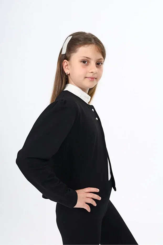 Детский вязаное кардиган с круглым вырезом и пуговицами, модель Black girl's crew neck a-line buttoned knitted cardigan - unlined & 2 thread, Toontoy, Черный — фото 2