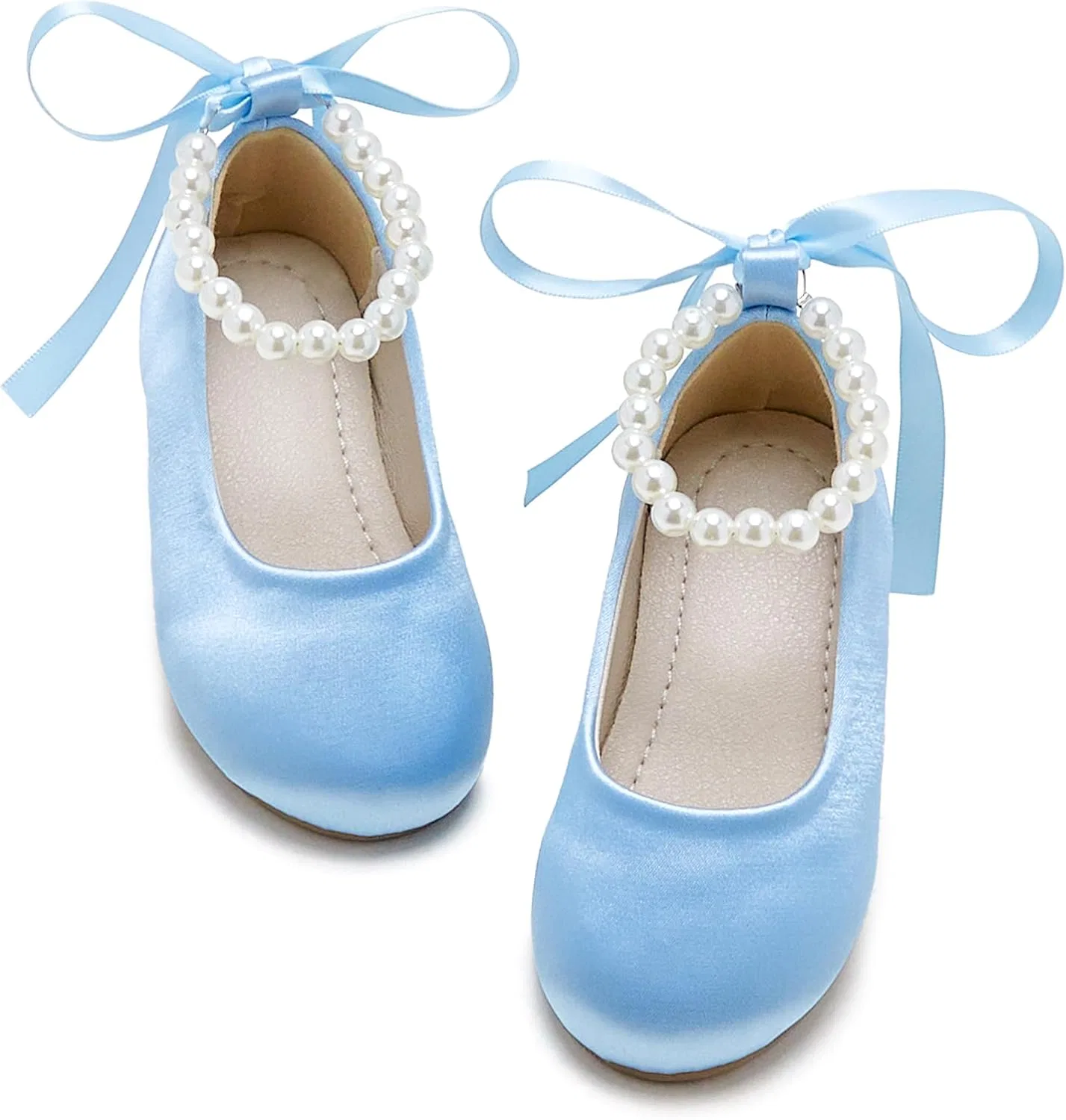 Детские туфли-балетки для девочек с жемчужным ремешком PHIRAMIN, Light Blue Pearl Strap