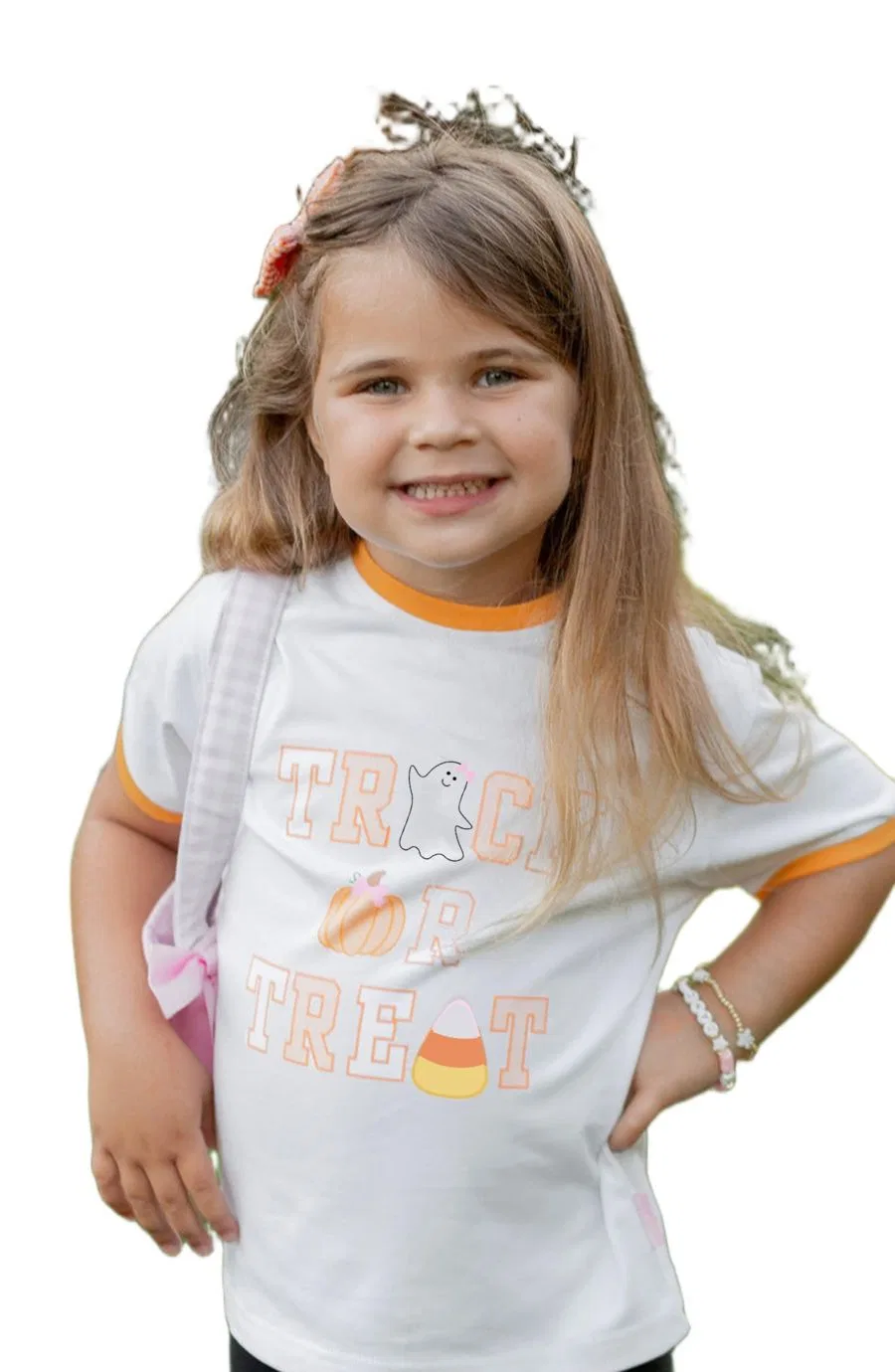 Детская футболка с принтом Trick-or-Treat Bits & Bows, Orange/White — фото 2