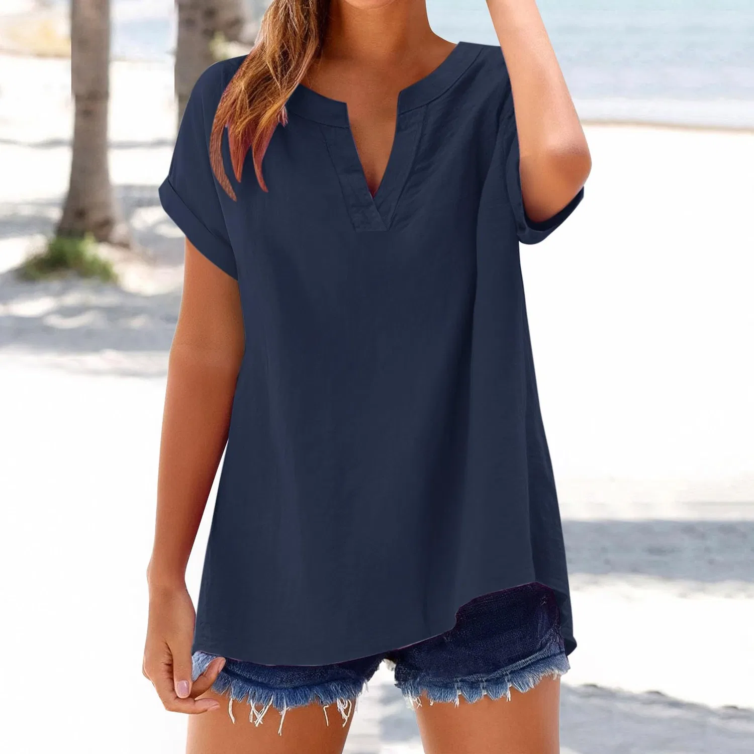 Женская льняная блуза свободного кроя с коротким рукавом, Navy Blue — фото 3