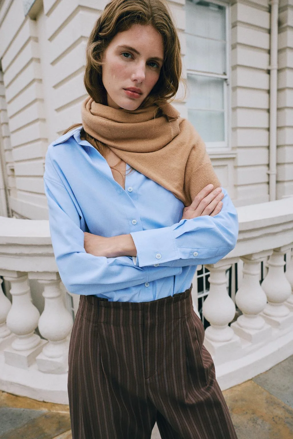Брюки Zara Paperbag в полоску, коричневый/синий — фото 3