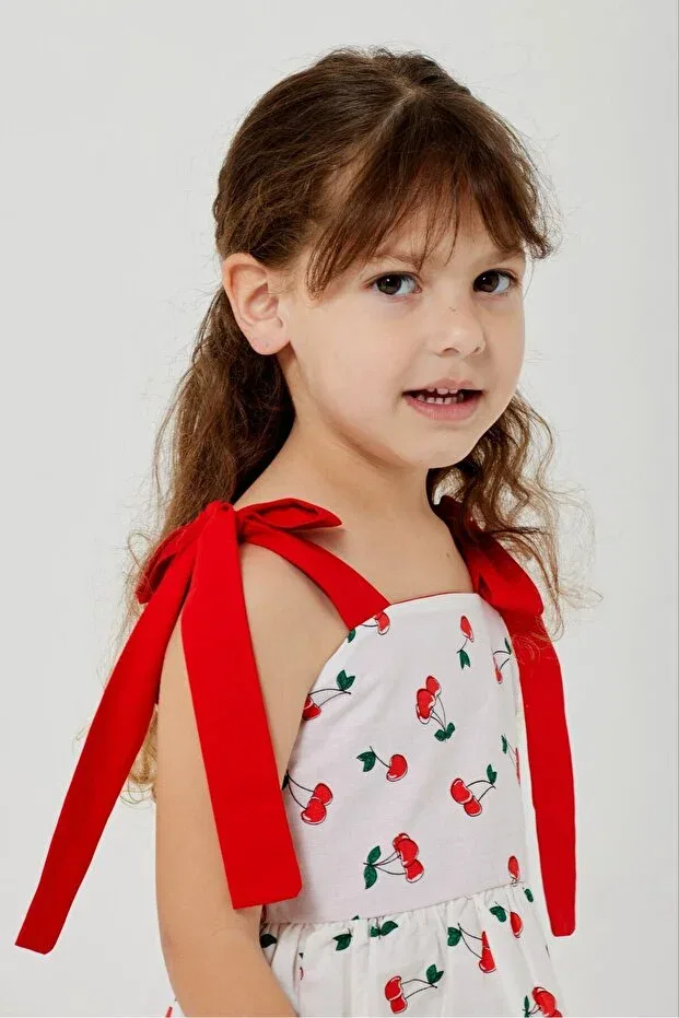 Детское платье для девочек с принтом Cherry patterned dress with hat Mevababy Tugba Bayraktar, White — фото 3
