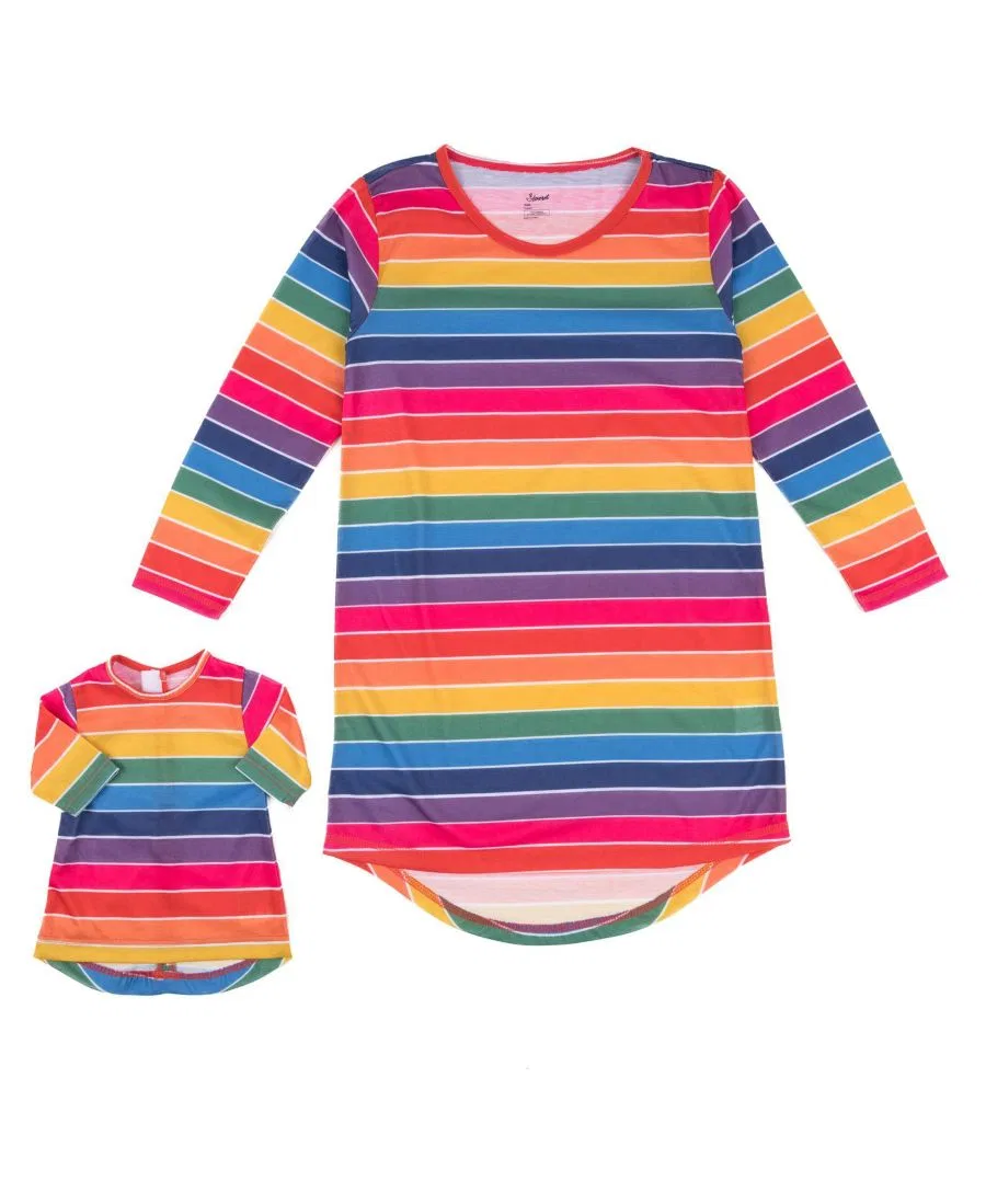 Комплект ночных рубашек для девочек и куклы, с длинным рукавом Leveret, Rainbow Stripes — фото 2