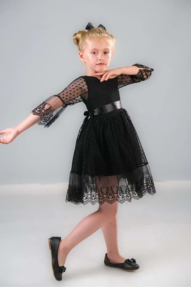 Детское платье для девочек с длинным рукавом Dream luxury lace girls dress 0327 Mnk, Black — фото 4