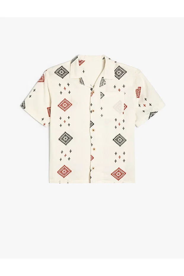 Детская рубашка с коротким рукавом, хлопковая, Basics, Koton, Ecru Patterned — фото 2